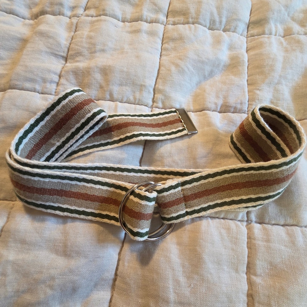 Vintage D-Ring Web Belt Unisex 37in Green Brown Striped Canvas Boho Utility